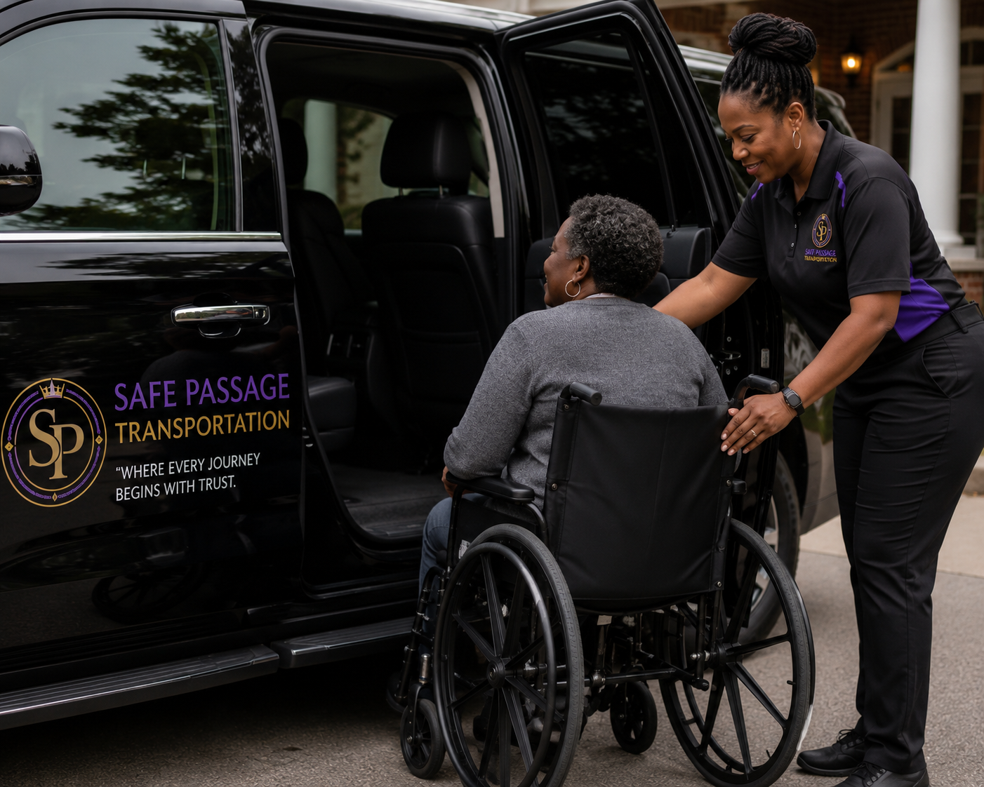 Antoniece assisting a senior passenger